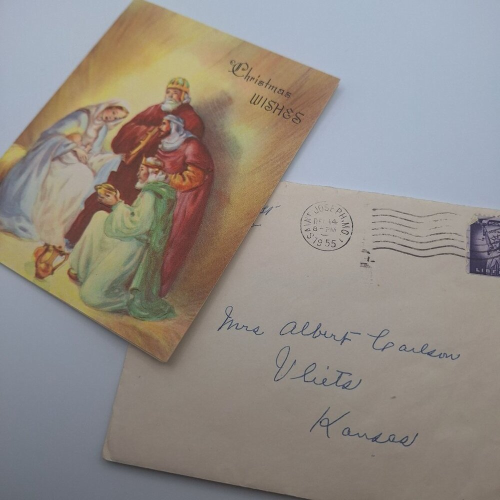 Vintage Christmas Card 1955 Nativity‎ Scene Envelope 3 Cent Stamp Letter Kansas